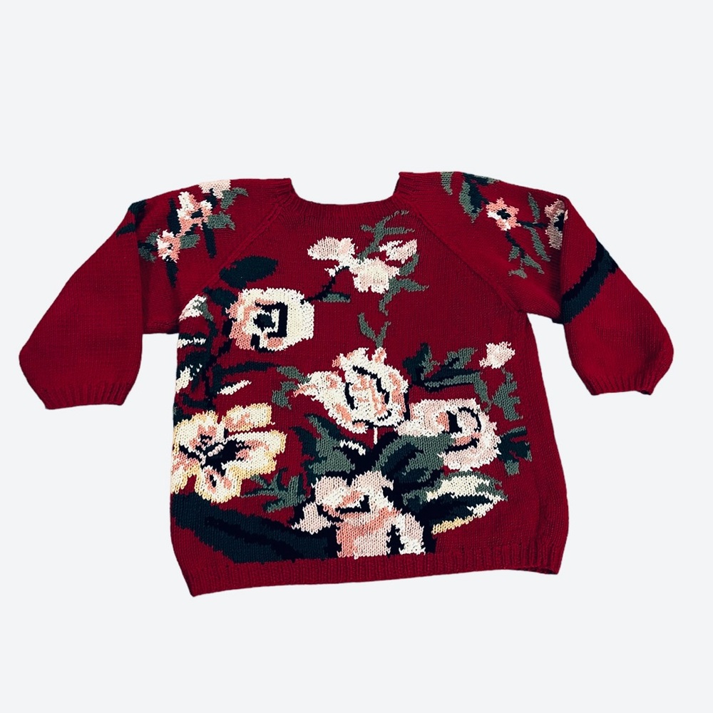 Vintage Womens Jennifer Reed Hand Knit Dark Red Floral Sweater Size S